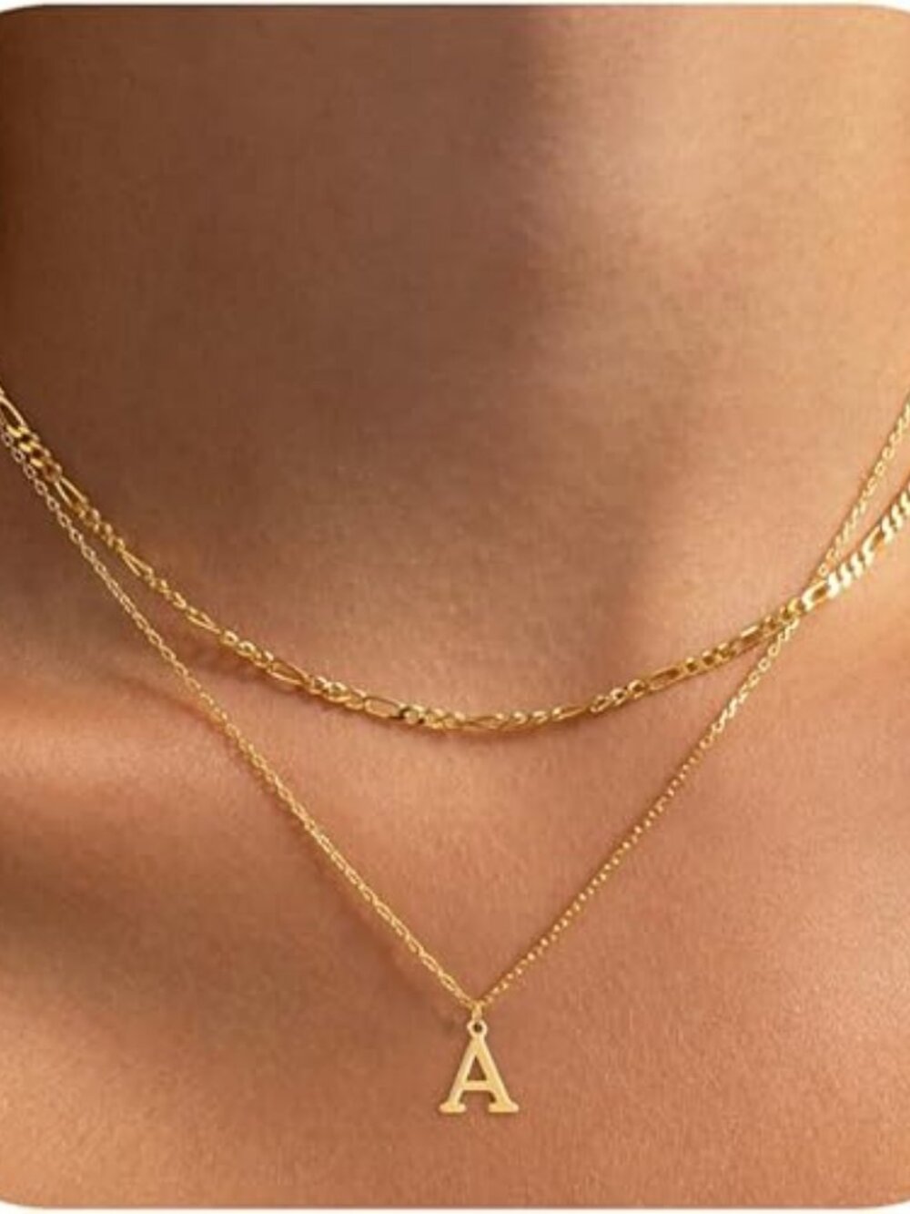 Dainty Initial Necklace for Women – Gold & Silver Layered Letter Pendant Figaro